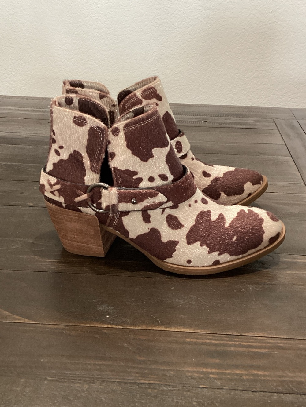 Very G Cow Print Ankle Booties in Brown & White - Picture 2 of 6